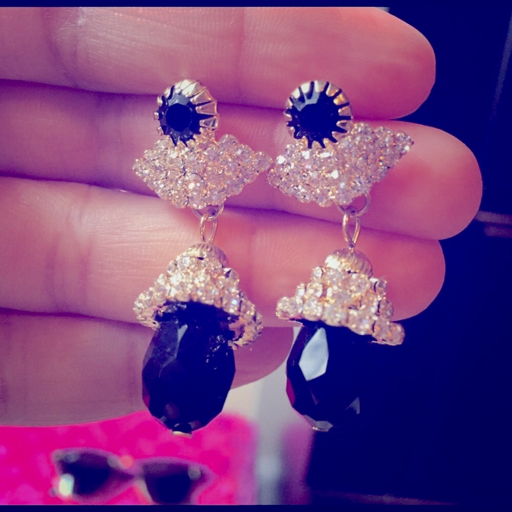 Gold Tone Black and Silver Statement Earrings